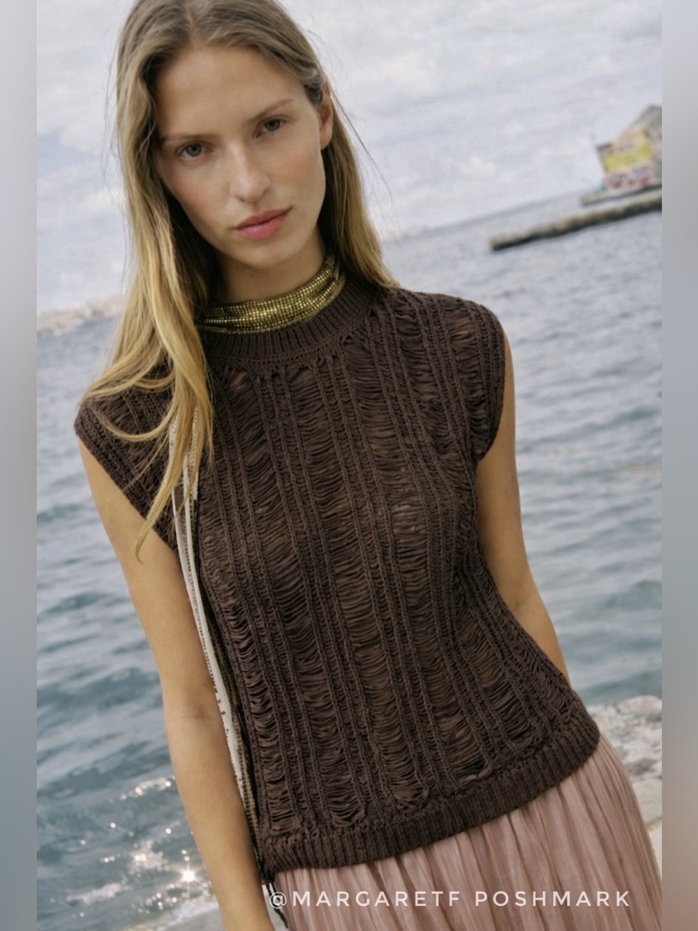 Zara ribbon Knit top, brown